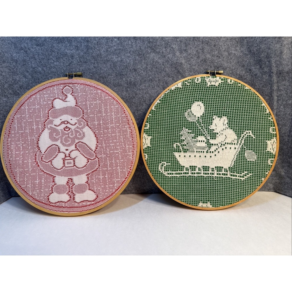 Vintage Crochet Christmas Hoop Art Set Santa and Sleigh Wall Decor